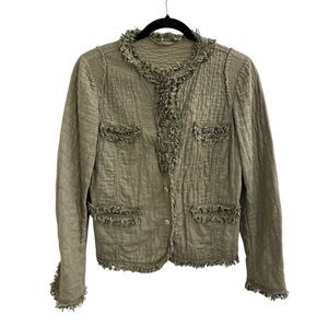 Ermanno Scervino Olive Quilted Button Up Blazer with Fringe Size 42 (US Small)